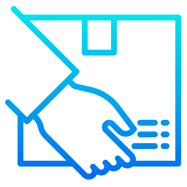 Hand delivering a parcel with a label and package in a gradient blue design.