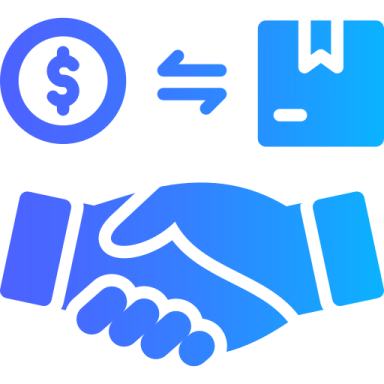 Graphic depicting a handshake, currency symbol, and package exchange.